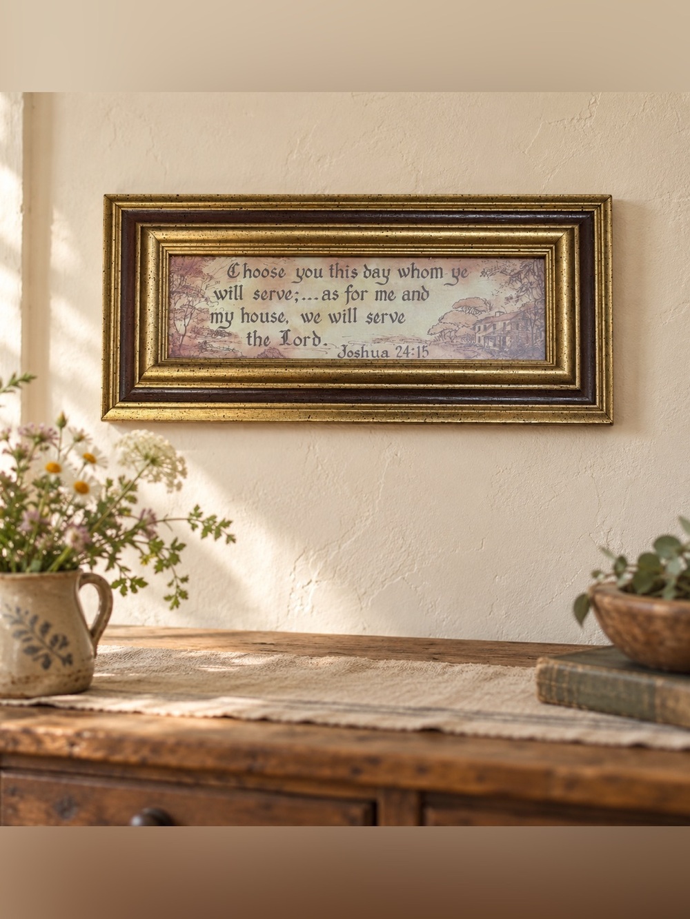 Vintage Joshua 24:15 Framed Bible Verse Print Gold Brown Christian Farmhouse Art